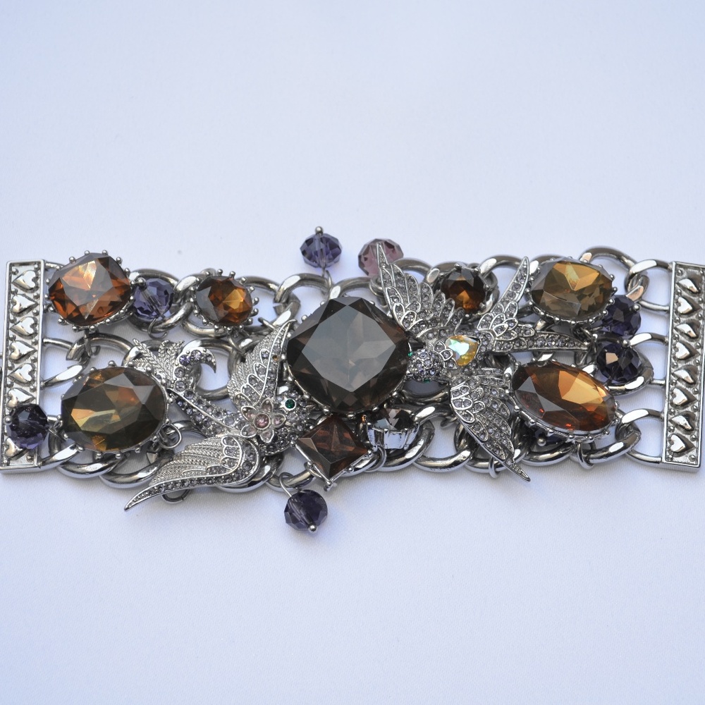Betsey Johnson Chunky Amethyst Purple Topaz Crystal Sparrow Bird Bracelet